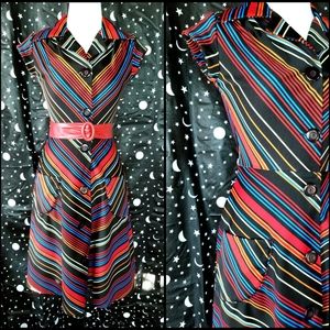 1970s Rainbow Chevron Button Down Pocket Dress